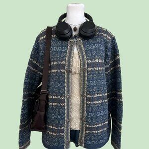 blue striped cozy nordic boho fair isle wool cardigan